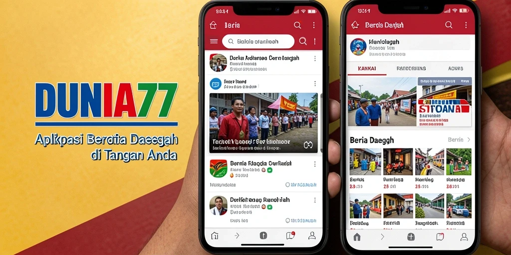 Tampilan aplikasi DUNIA77 dengan berbagai berita terkini dan relevan.